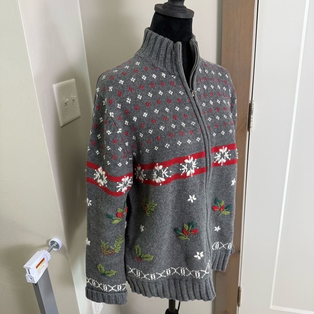 Vtg Holiday Lodge Grey Full Zip Holiday Christmas Sweater Holly Berry Snowflake - Picture 2 of 7